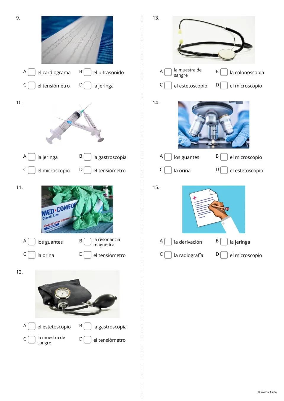 Spanish medical vocabulary questions 9–15 ask students to choose labels for syringes, gloves, and more