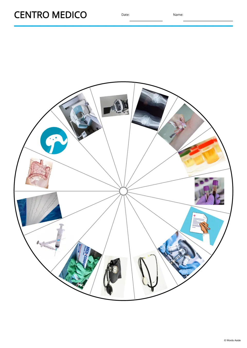 Spanish medical vocabulary picture wheel shows all 15 items, including a stethoscope, gloves, and syringes