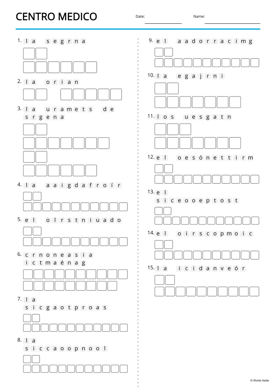 Text-only Spanish anagrams review 15 medical terms, including la sangre (blood) and la jeringa (syringe)
