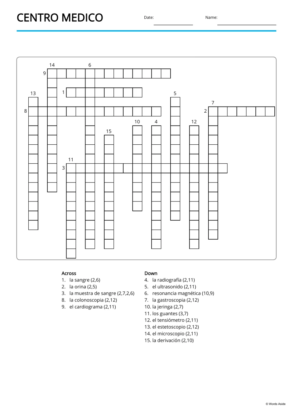 Spanish copy-word crossword uses 15 medical terms, including la sangre (blood) and los guantes (gloves)