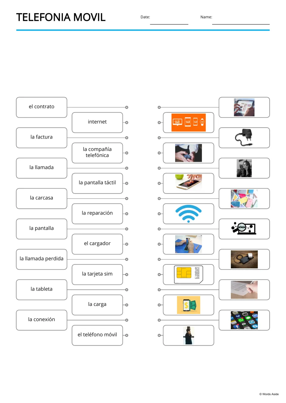 Spanish word-to-picture matching for 16 mobile phone terms, including el contrato (contract)