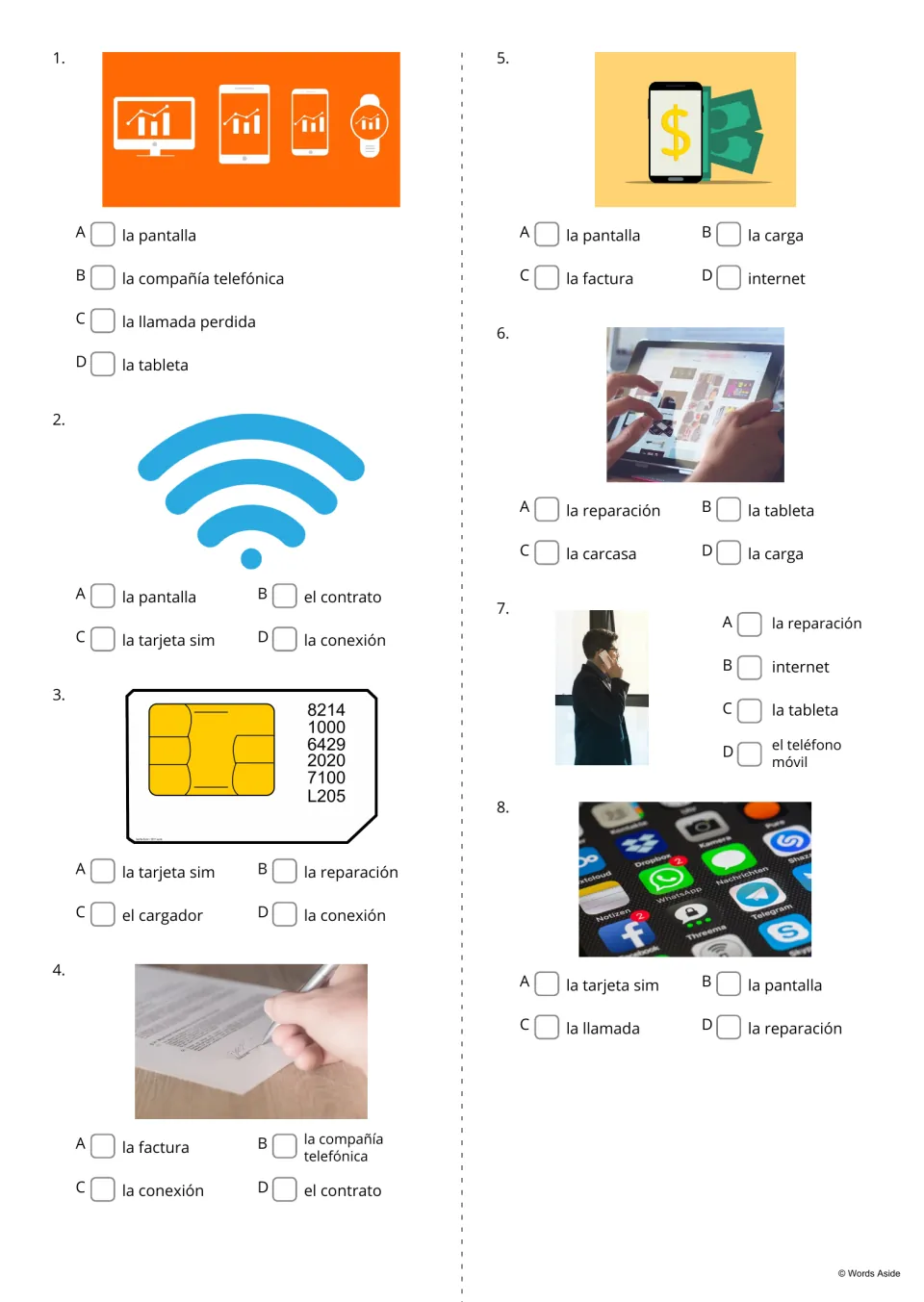 Spanish picture questions 1–8 ask students to choose phone vocabulary, including la tarjeta sim (SIM card)