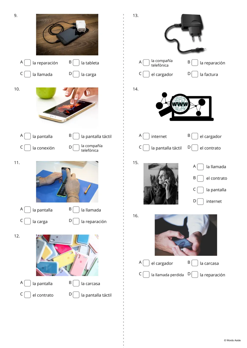 Spanish picture questions 9–16 cover charging, touchscreen, repair, case, charger, internet, and calls