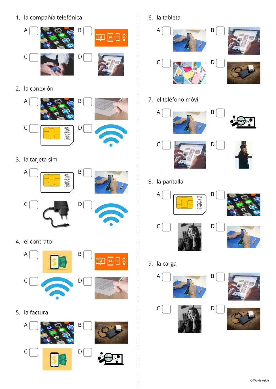 Spanish vocabulary questions 1–9 ask students to select pictures for terms including la tableta (tablet)