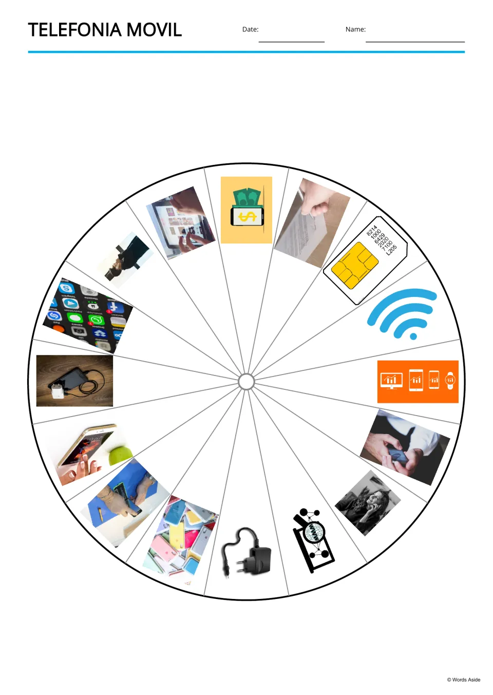 Picture wheel for the 16 Spanish mobile telephony terms shows a SIM card, charger, tablet, and more