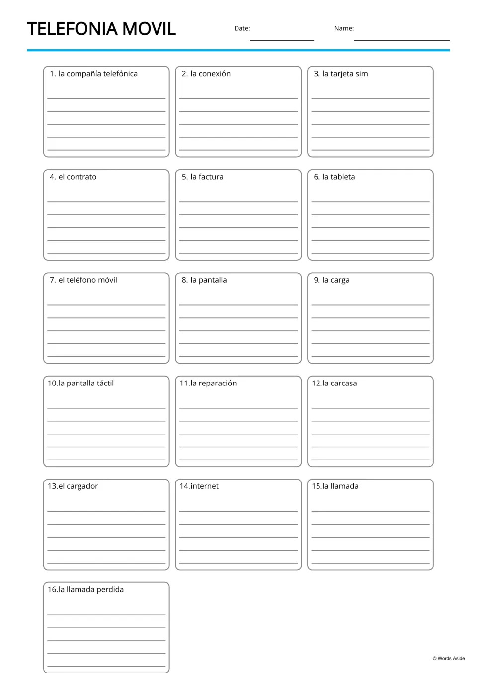 Spanish writing practice lists 16 mobile phone terms, from la compañía telefónica to la llamada perdida