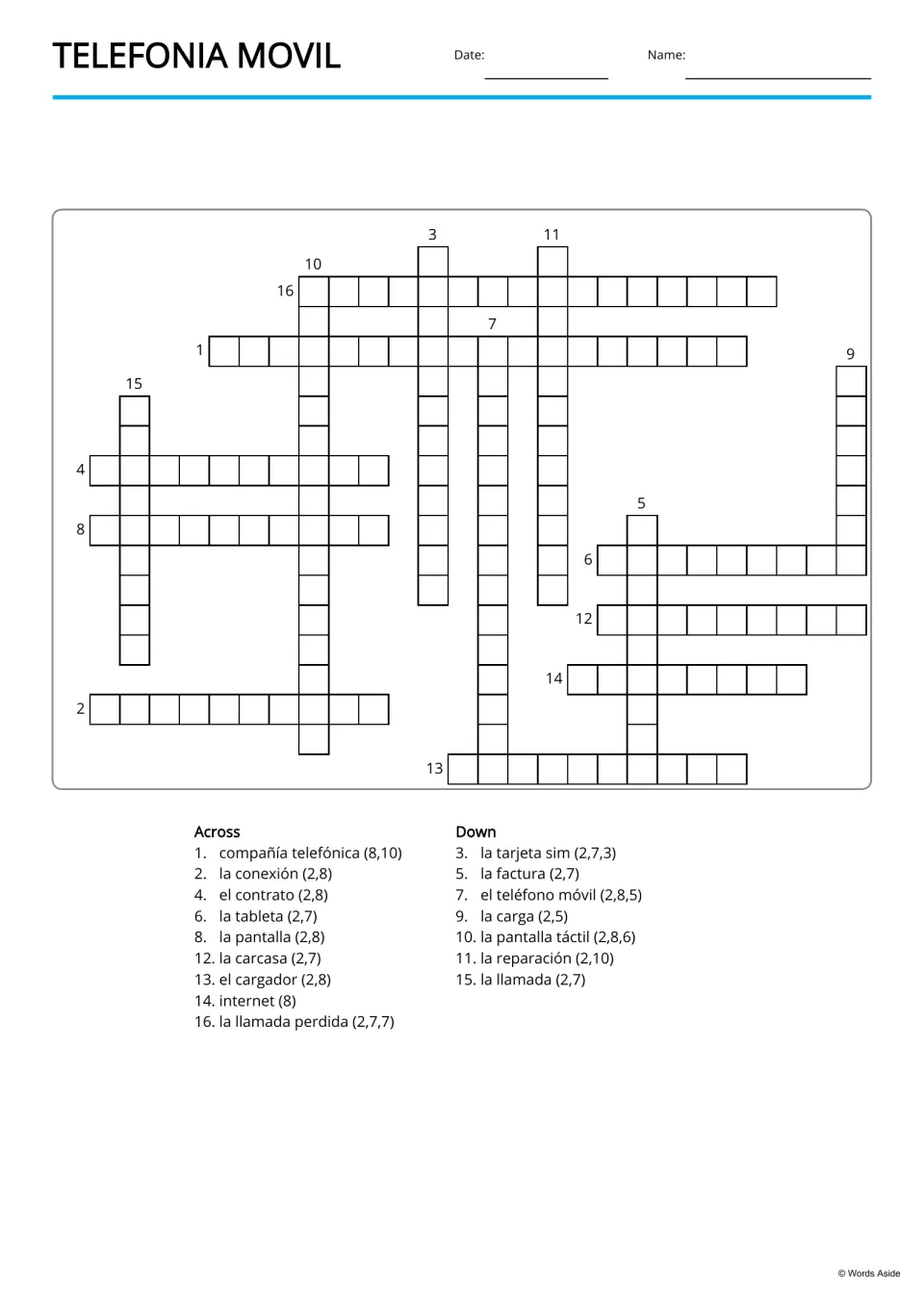 Spanish copy-word crossword uses 16 mobile phone terms, with Across and Down lists giving word lengths