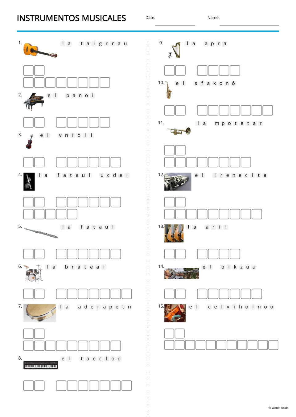Picture-supported Spanish anagrams for 15 instruments, including guitarra (guitar) and piano (piano)