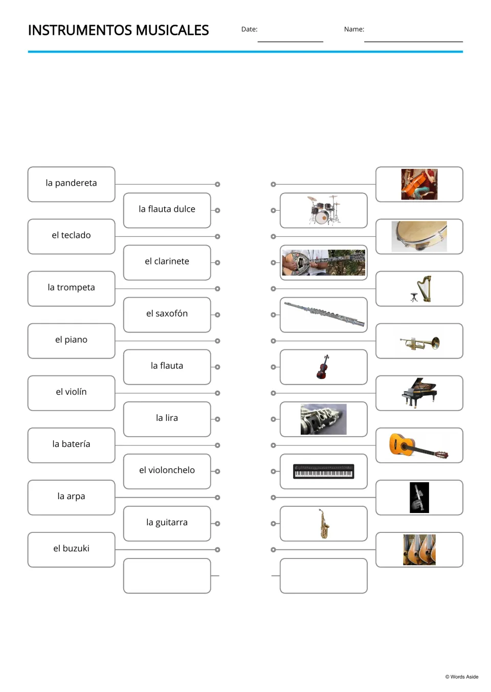 Spanish word-to-picture matching for 15 instruments, including pandereta (tambourine) and teclado (keyboard)