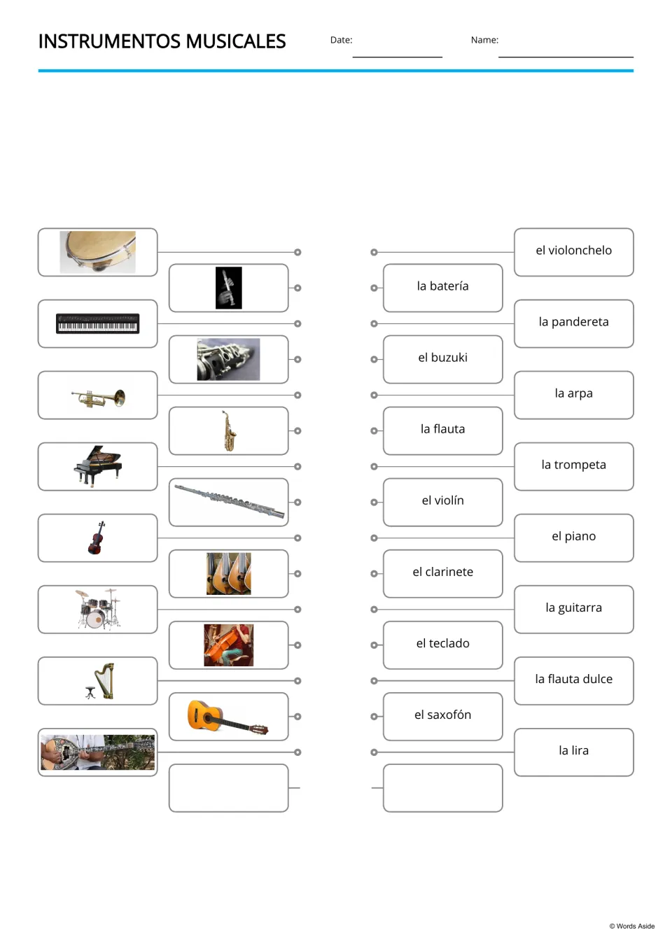 Spanish picture-to-word matching for 15 instruments, including violín (violin) and trompeta (trumpet)