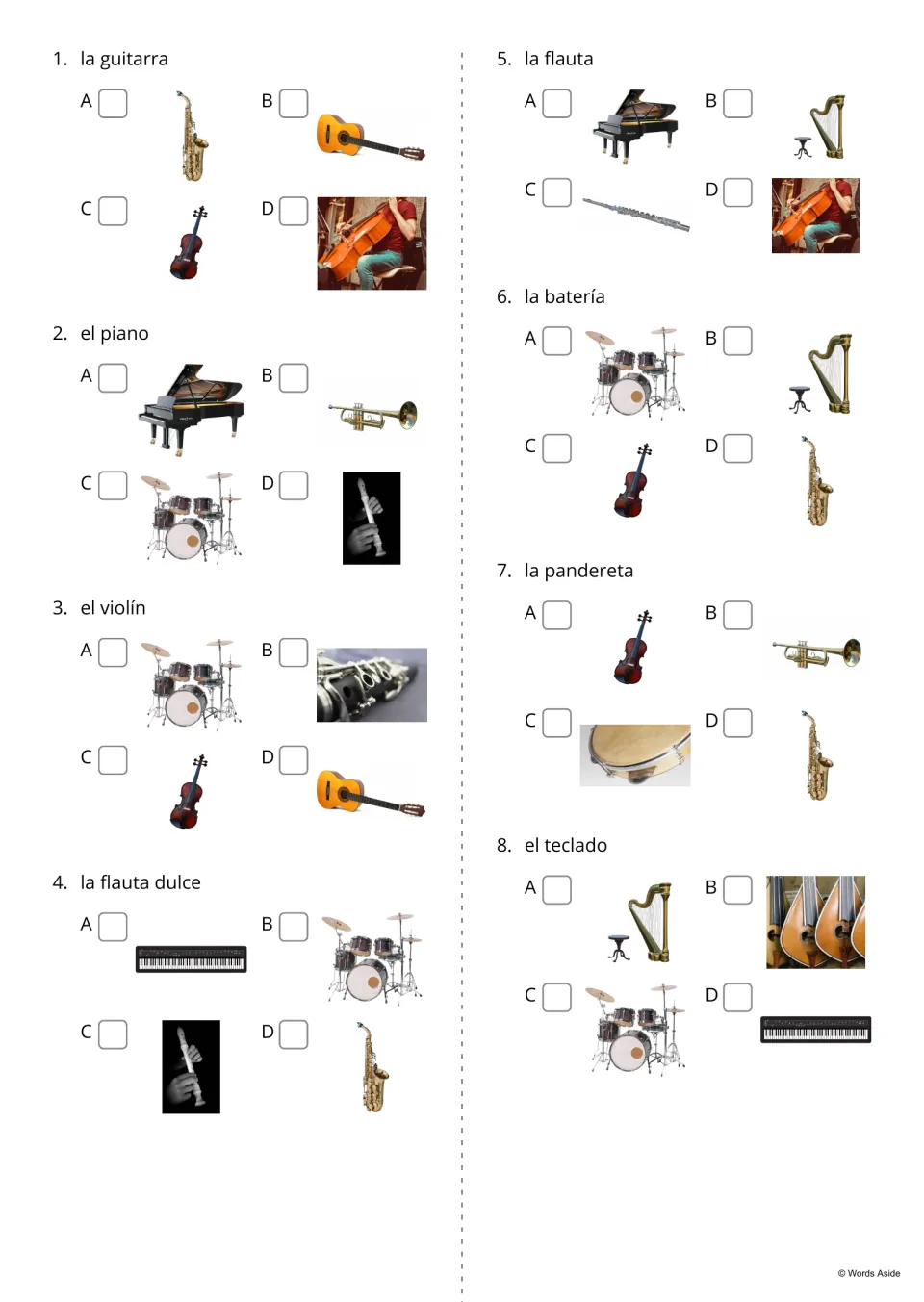 Spanish instrument picture-choice questions 1–8, from guitarra (guitar) through teclado (keyboard)