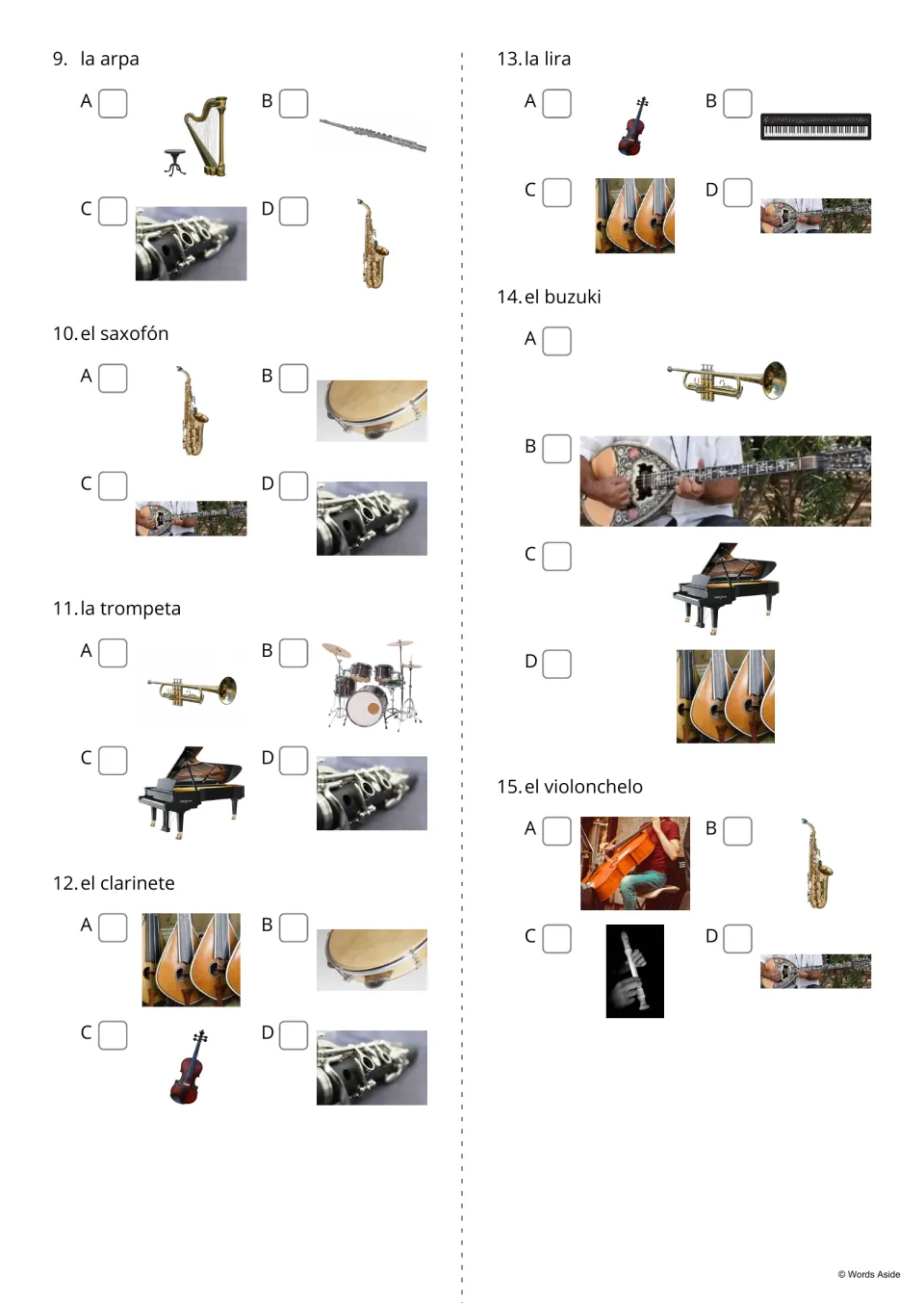 Spanish instrument picture-choice questions 9–15, from arpa (harp) through violonchelo (cello)