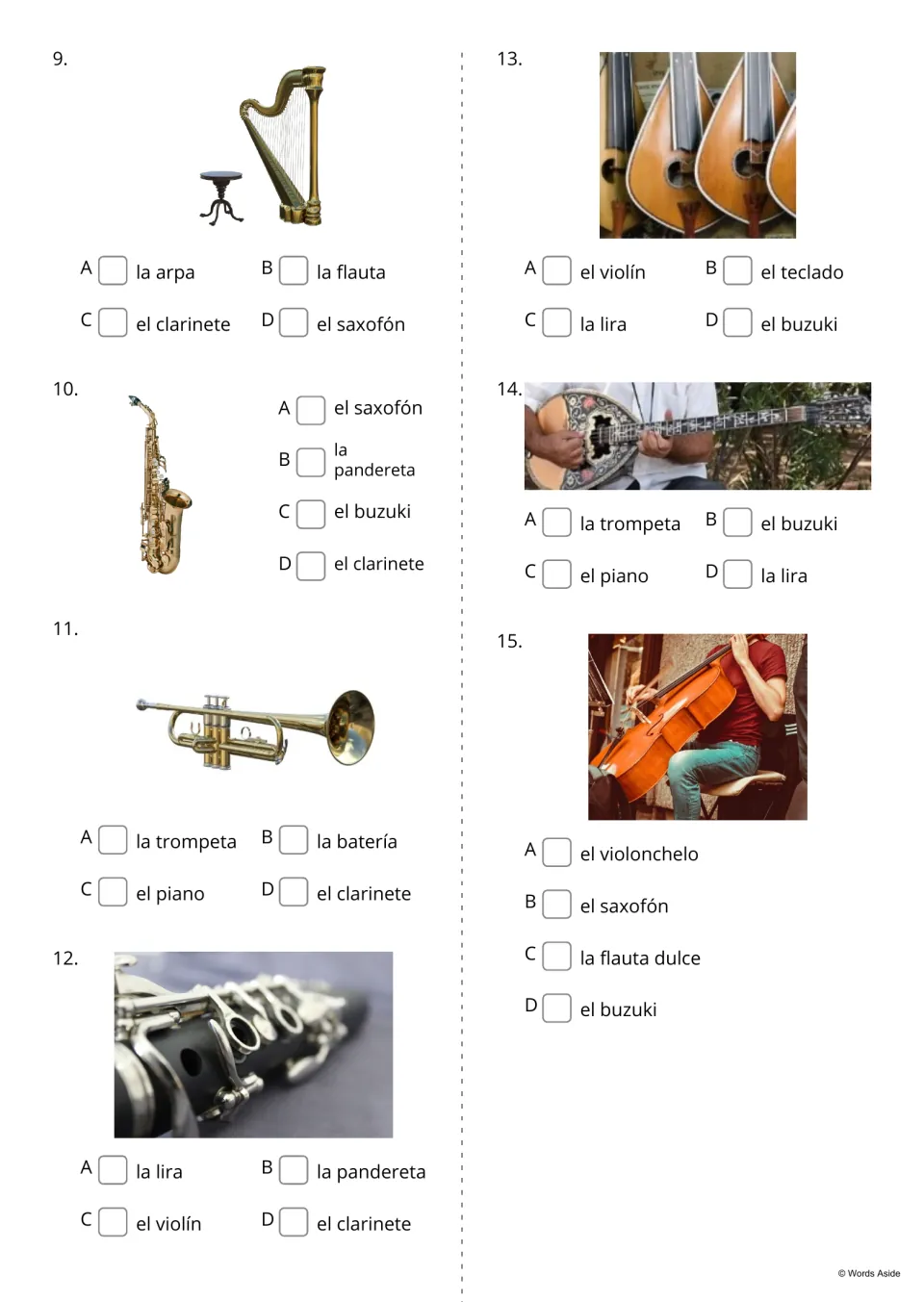 Spanish instrument word-choice questions 9–15: identify harp, saxophone, trumpet, clarinet, and three more