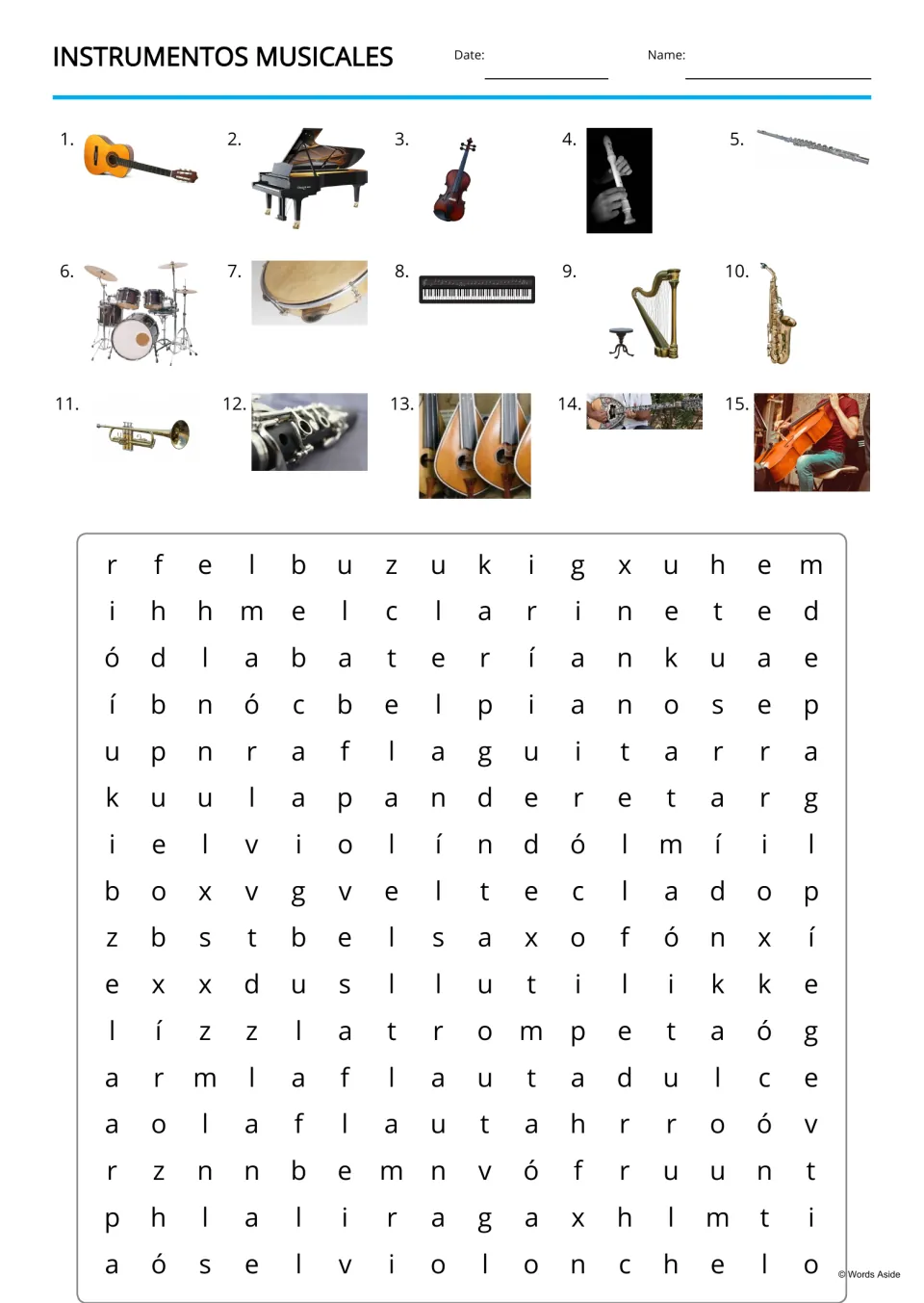 Spanish instrument word search with 15 picture clues, including guitarra (guitar) and clarinete (clarinet)
