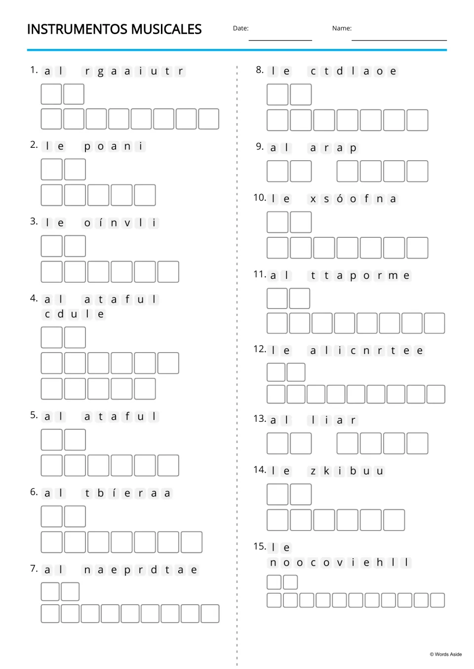 Spanish anagrams without picture clues for 15 instruments, including flauta (flute) and batería (drums)