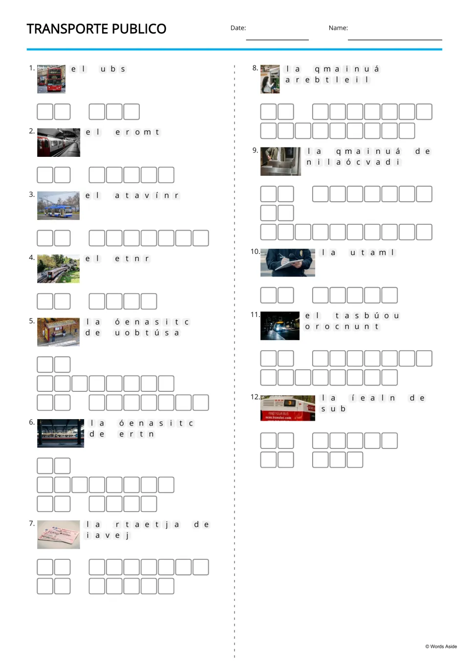 Spanish transportation anagrams for 12 pictured terms, including el bus (bus), el metro (subway) and el tren (train)