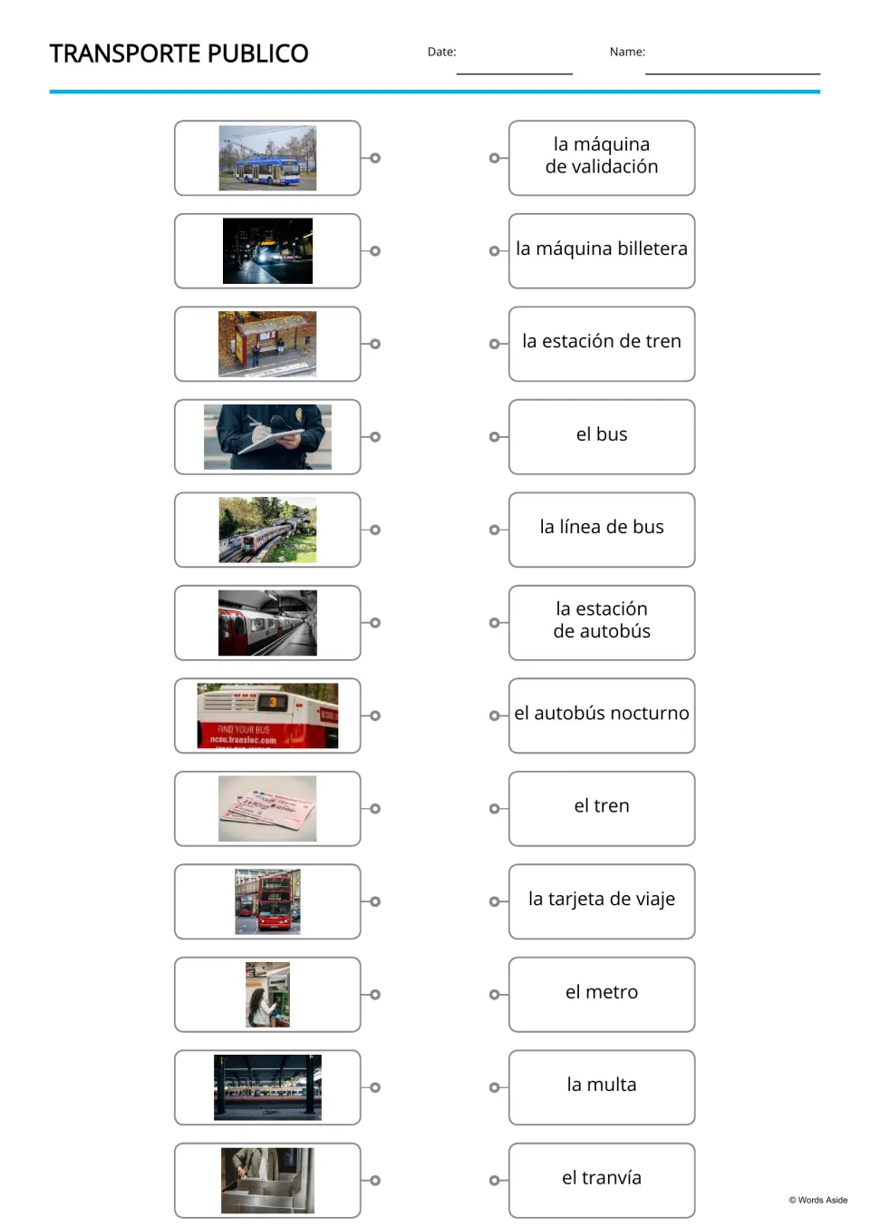 Spanish picture-to-word matching for 12 transportation terms, including el metro (subway) and el bus (bus)