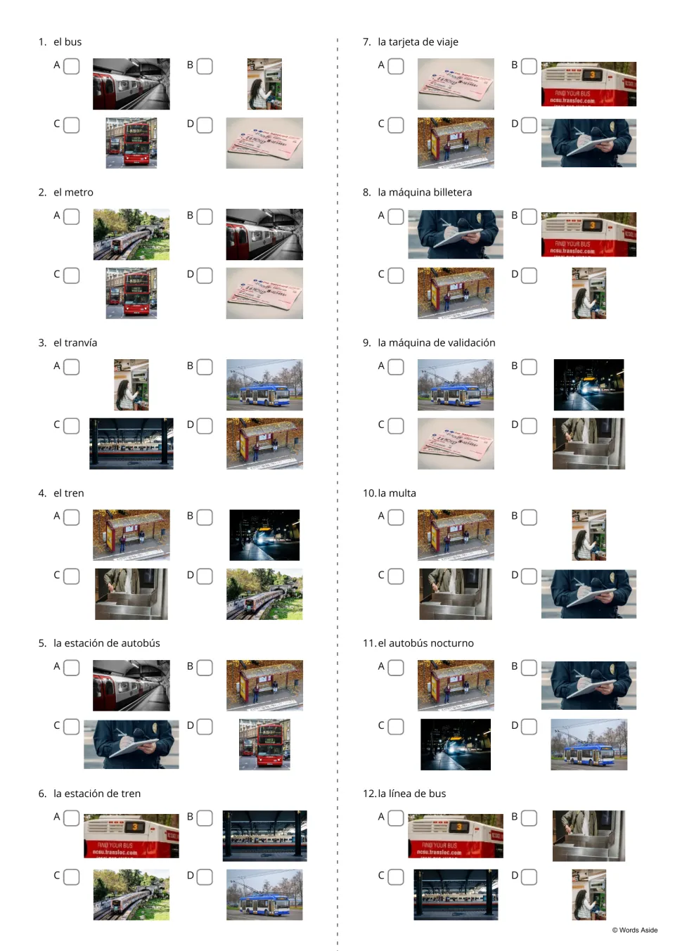 Spanish transportation quiz: choose a photo for each of 12 terms, including la tarjeta de viaje (travel card)