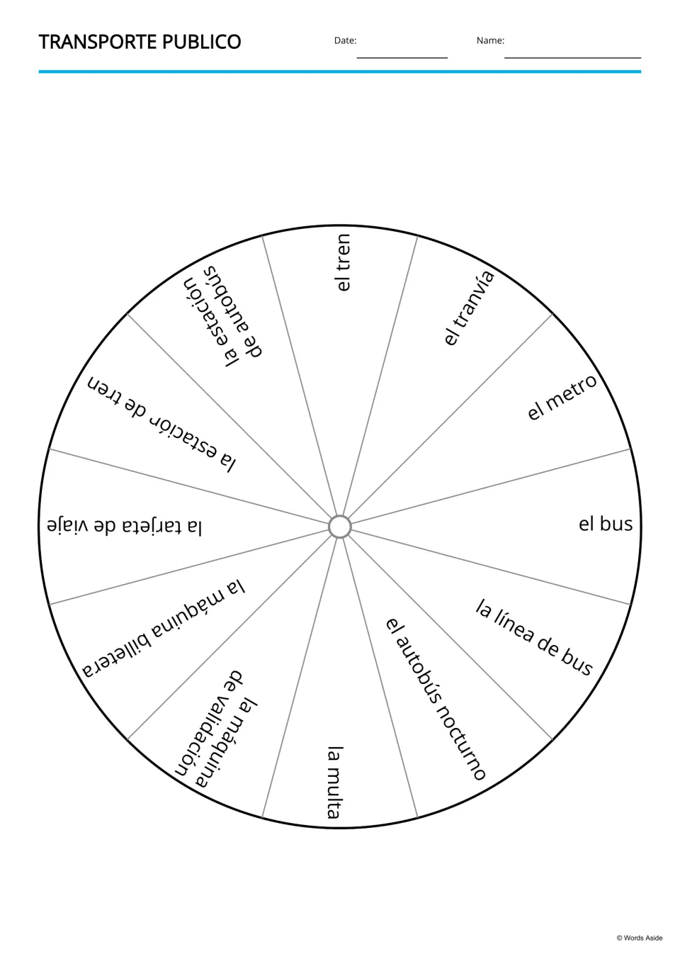 Spanish vocabulary wheel with 12 transportation labels, including el tren (train) and la línea de bus (bus route)