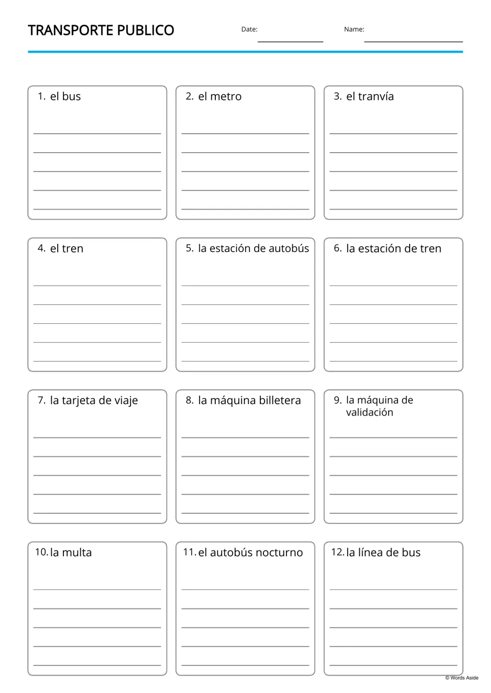 Lined writing board for 12 Spanish transportation terms, including el metro (subway) and el tren (train)
