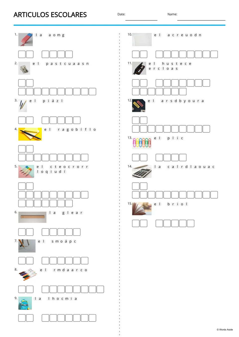 Spanish school supplies anagrams for 15 pictured items, including la goma (eraser) and el lápiz (pencil)