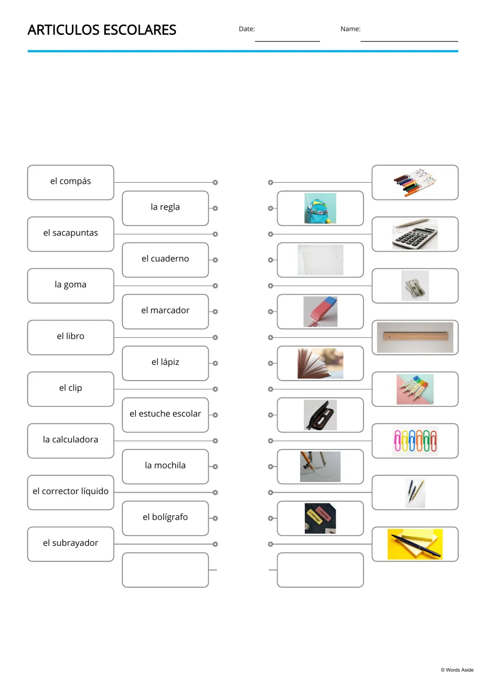 Spanish word-to-picture matching for 15 school supplies, including la regla (ruler) and el libro (book)