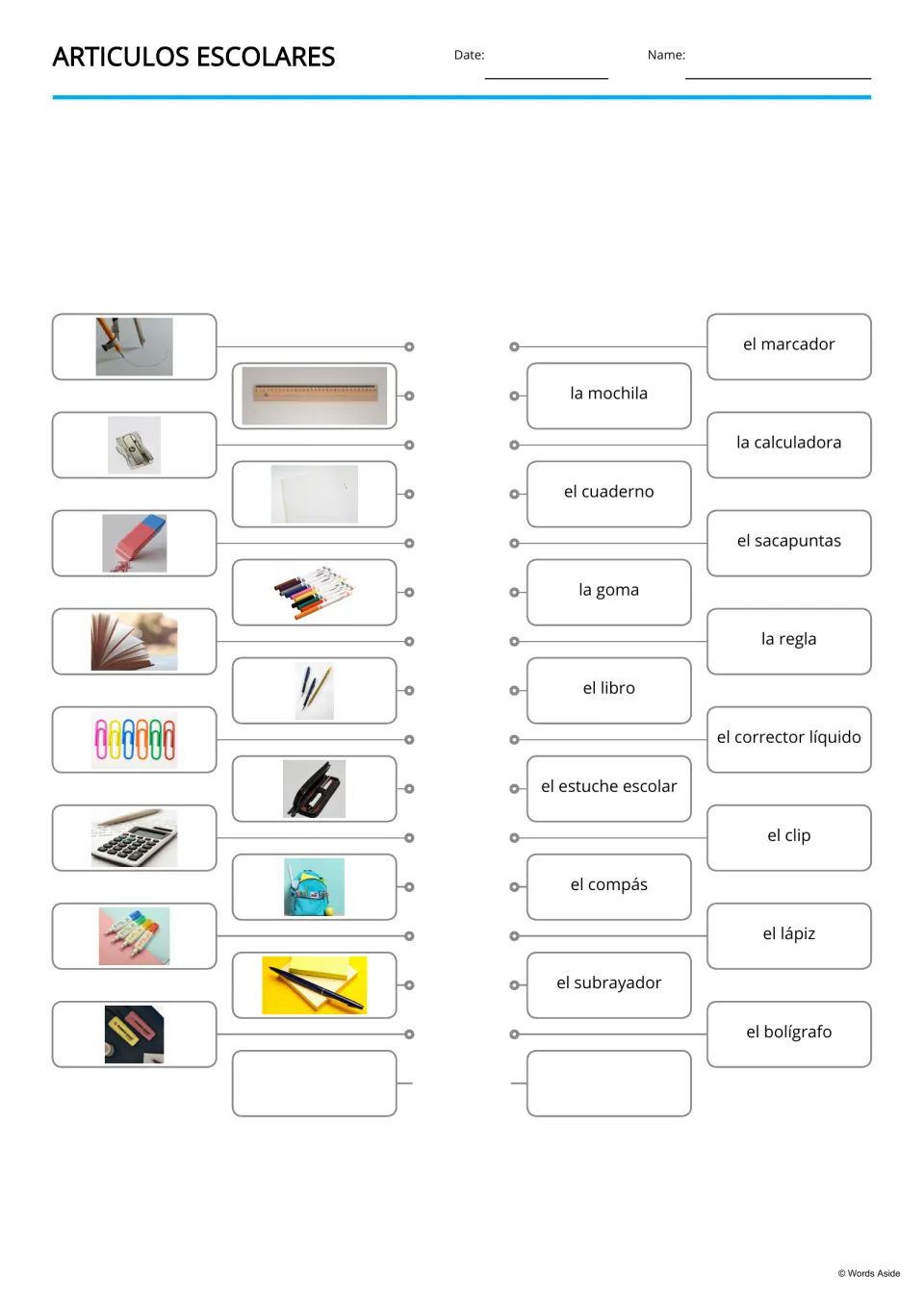 Spanish picture-to-word matching for 15 school supplies, including la mochila (backpack) and el clip