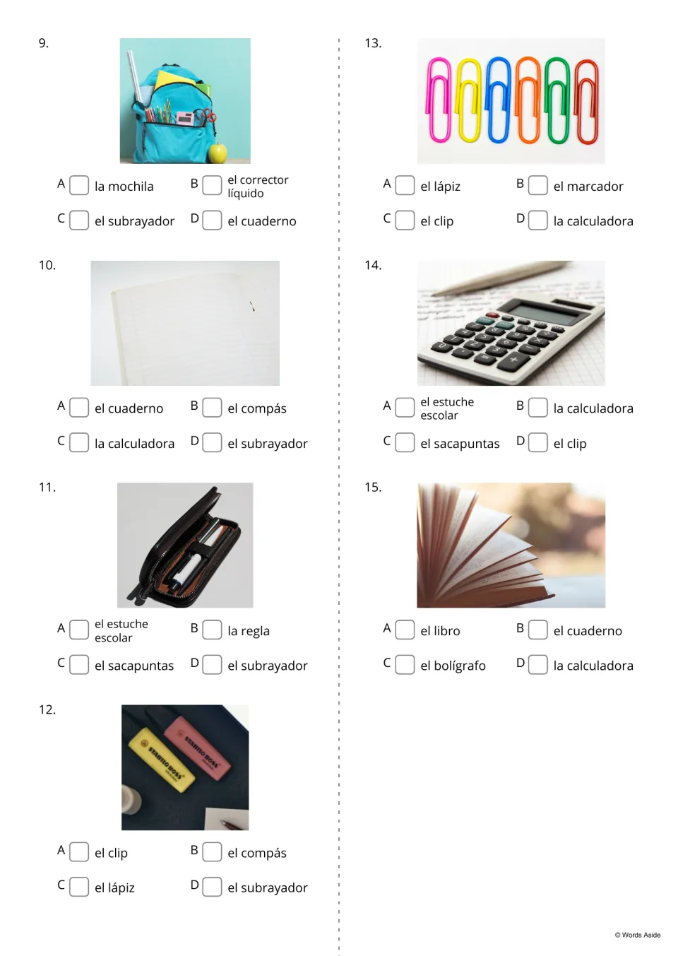 Spanish picture-to-word multiple choice, items 9–15, from la mochila (backpack) to el libro (book)