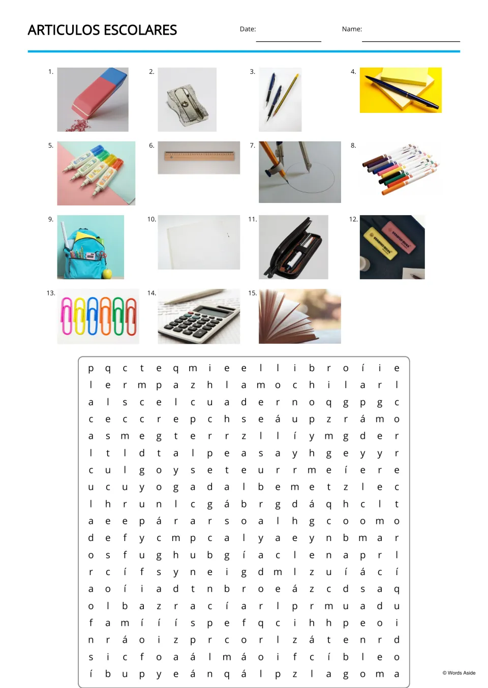 Spanish school supplies word search with 15 numbered photo clues, including an eraser, pencil, and book