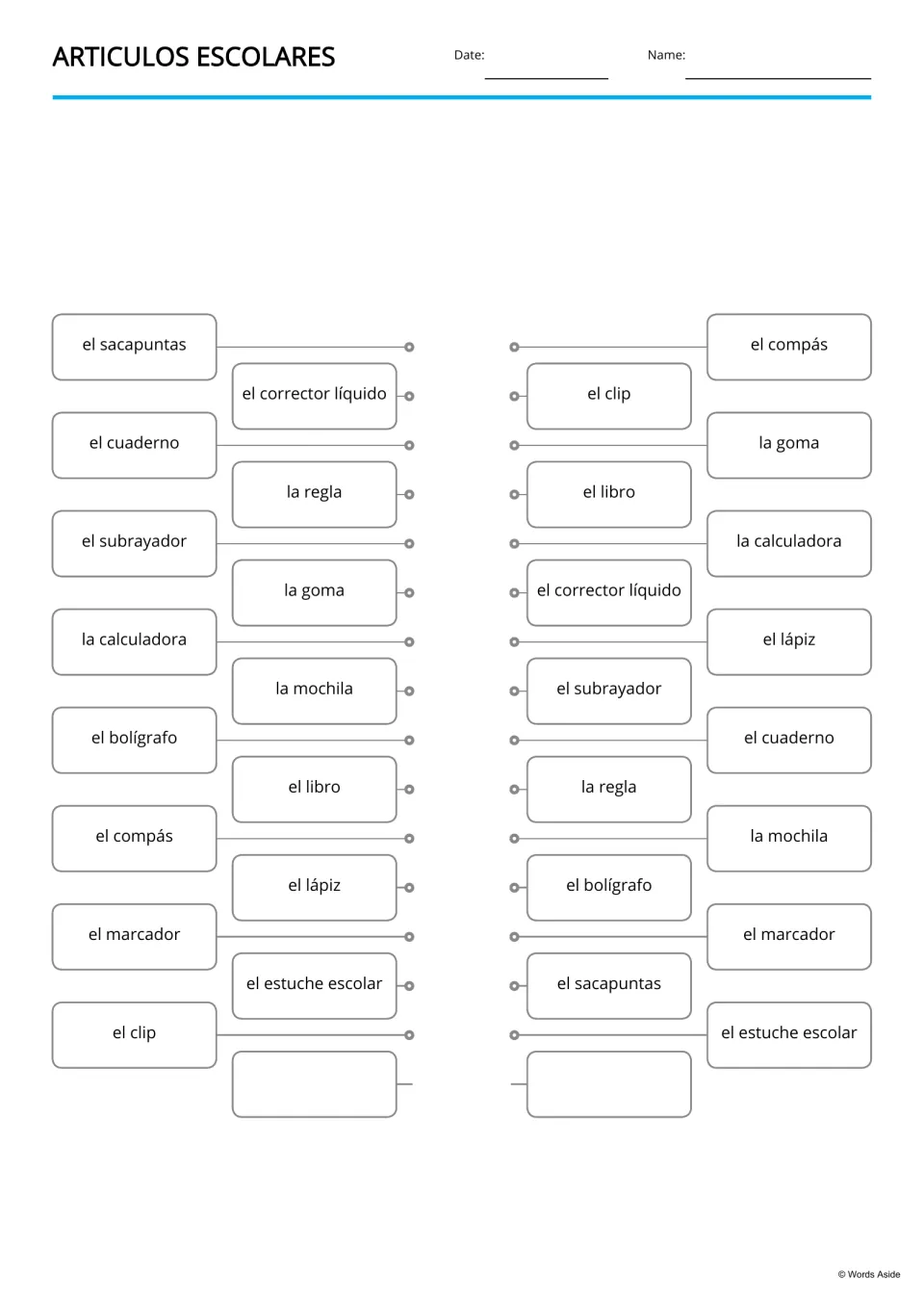 Spanish word-to-word matching for 15 school supplies, including el compás (compass) and la goma (eraser)