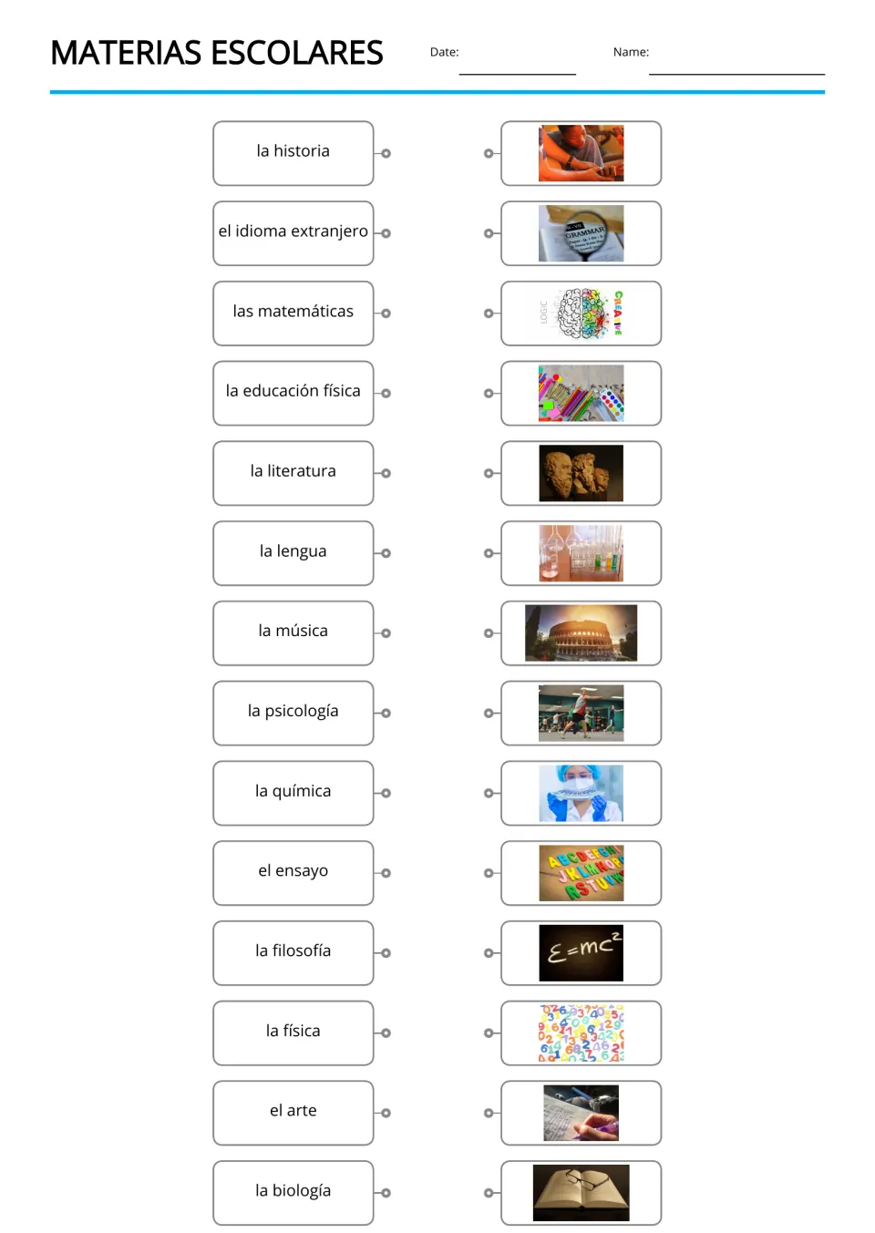 School subjects matching: students draw lines from 14 Spanish words like la historia and el ensayo to the matching photo