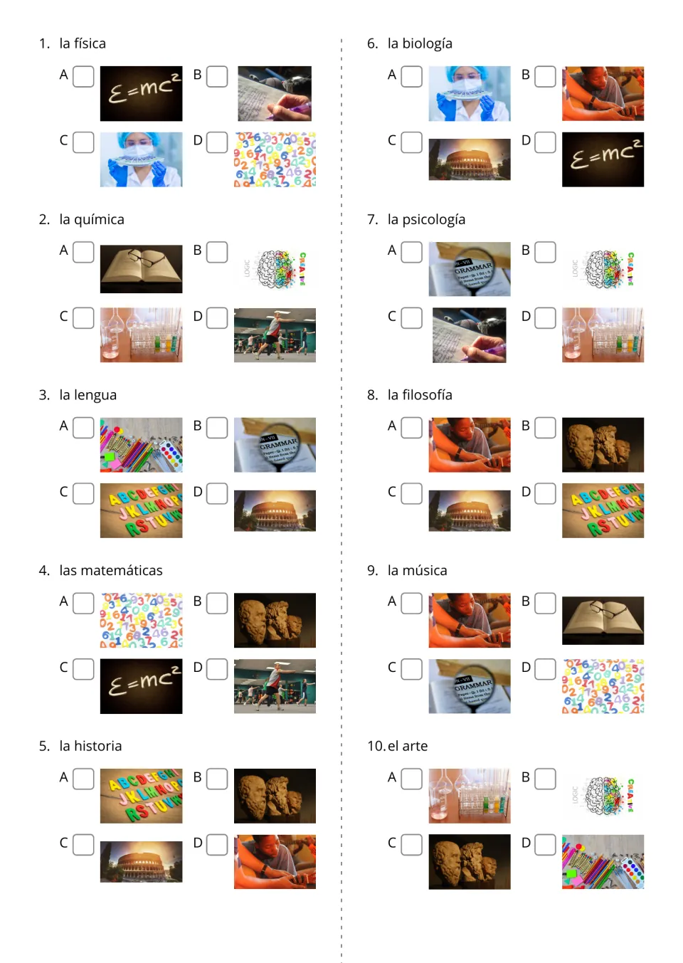 Subject multiple choice 1 to 10: for each word, like la química or el arte, students tick the matching photo A to D