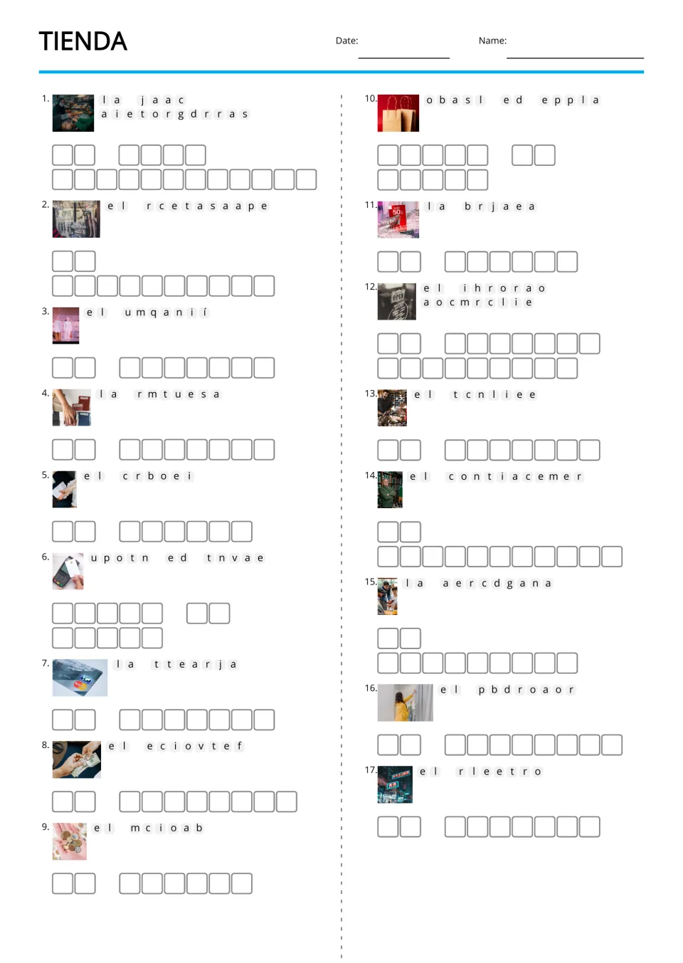 Picture-supported Spanish shop anagrams for 17 terms, including el escaparate (store window) and el recibo (receipt)