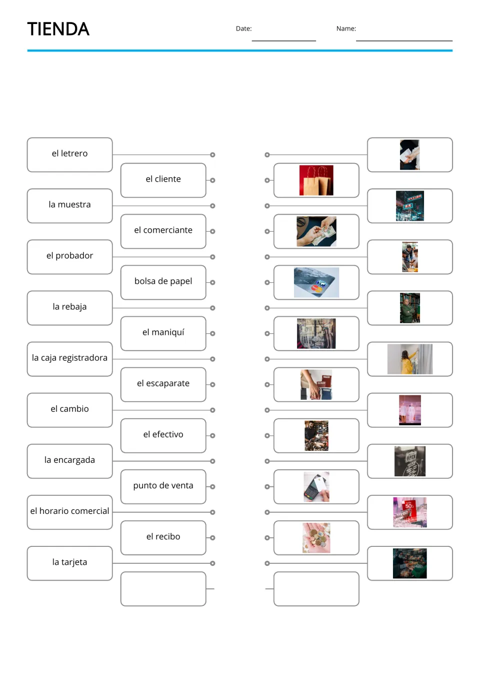 Spanish shop word-to-picture matching for 17 terms, including la muestra (sample) and la tarjeta (card)
