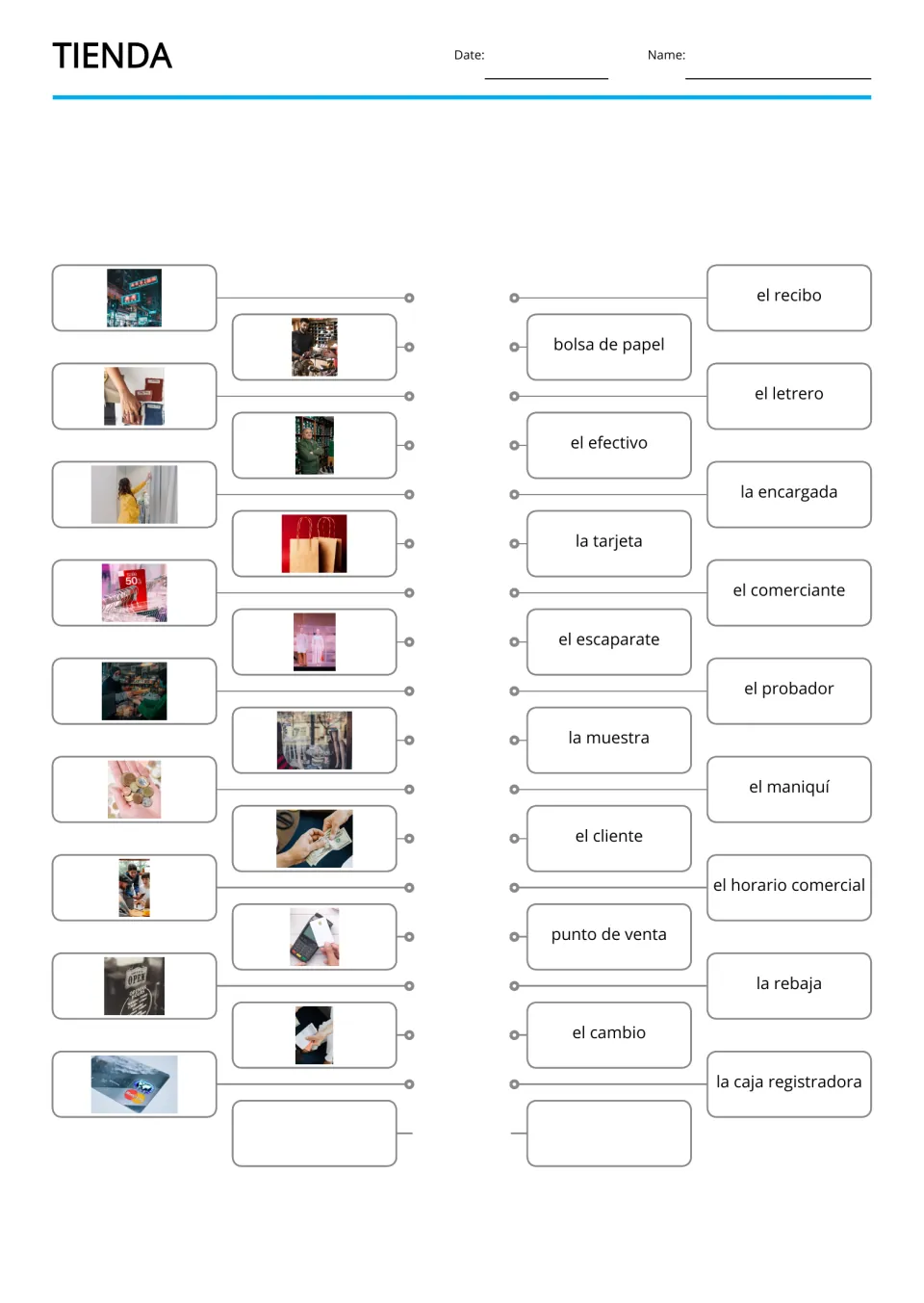 Spanish shop picture-to-word matching for 17 terms, including el cambio (change) and el probador (fitting room)