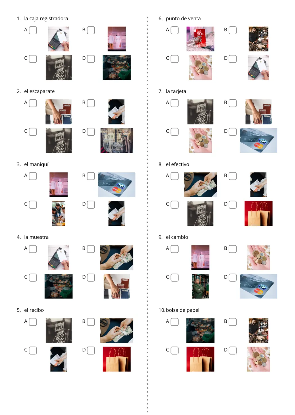 Spanish word-to-picture multiple choice, items 1–10, including el maniquí (mannequin) and el efectivo (cash)