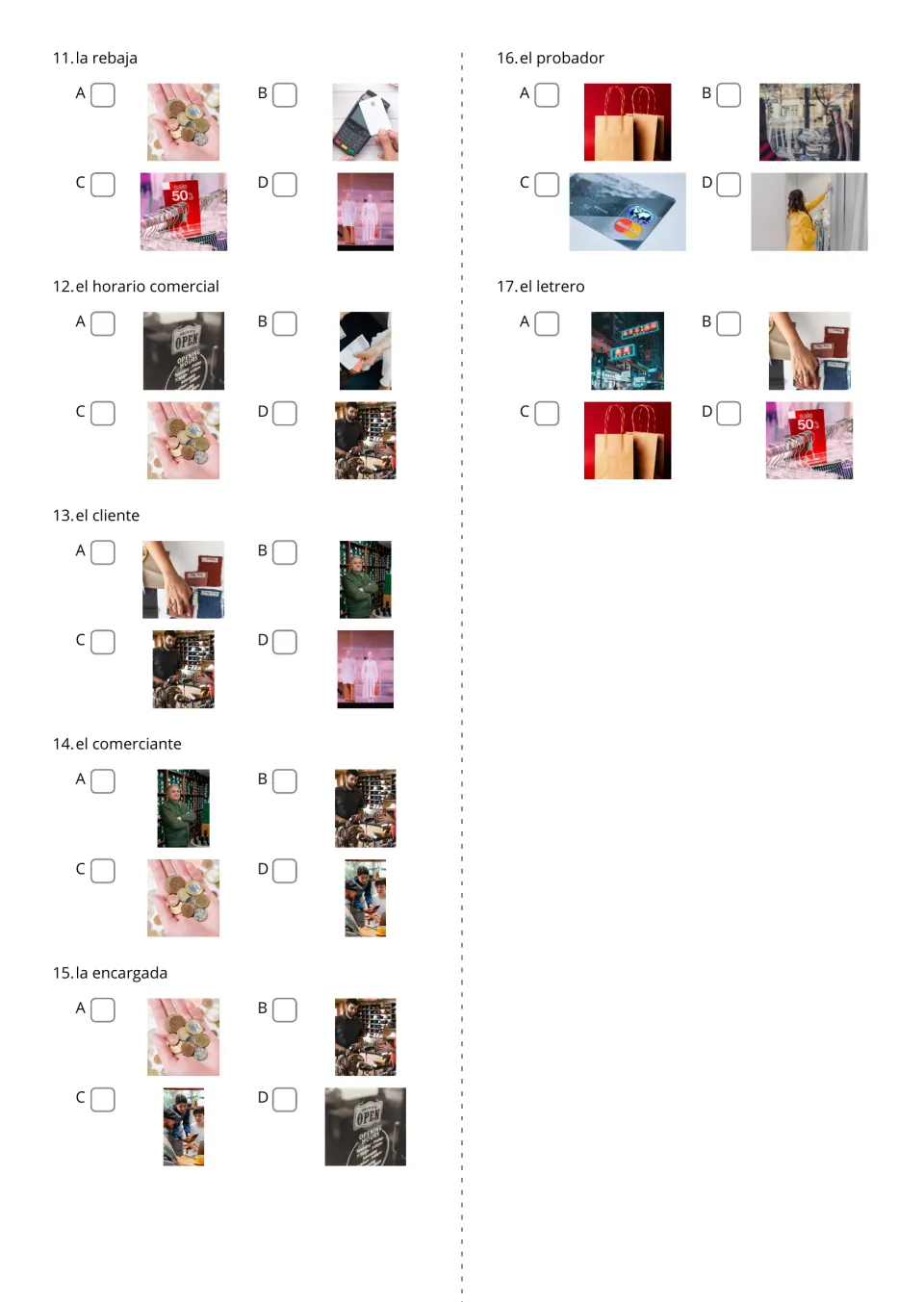 Spanish word-to-picture multiple choice, items 11–17, including la rebaja (sale) and el letrero (sign)