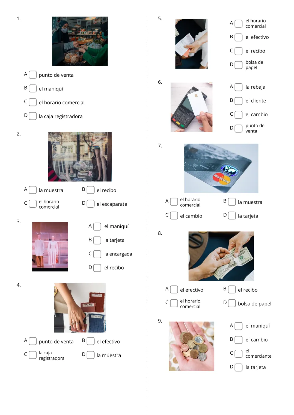 Spanish picture-to-word multiple choice, items 1–9, showing a store window, mannequins, a receipt, and money