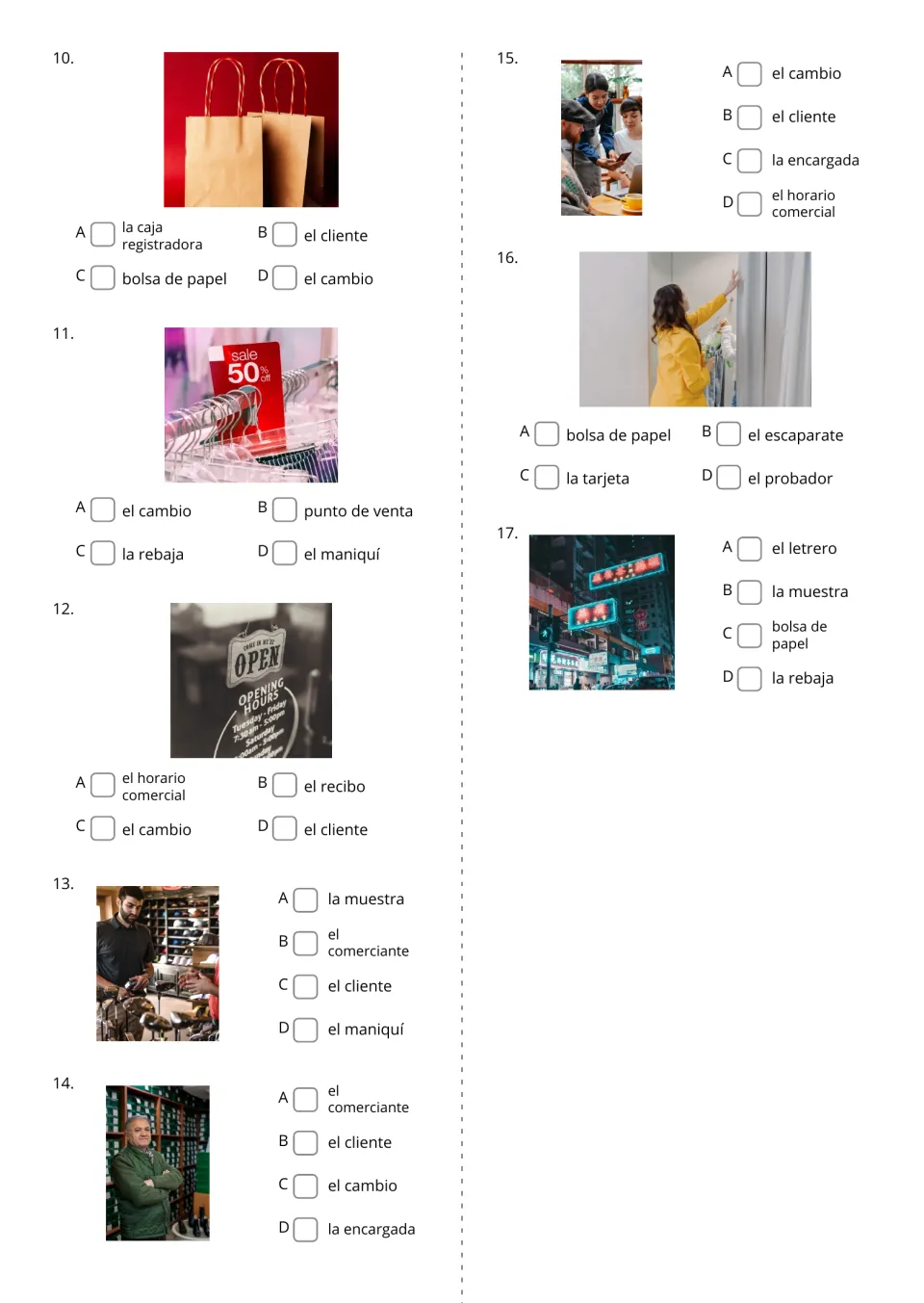 Spanish picture-to-word multiple choice, items 10–17, showing paper bags, a sale, store hours, and signs