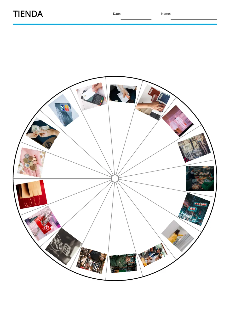 Spanish shop vocabulary picture wheel showing all 17 photo prompts, including a receipt, card, and paper bags