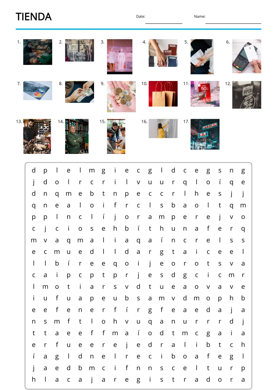 Spanish shop vocabulary word search using 17 numbered photo clues, including a receipt, mannequins, and coins