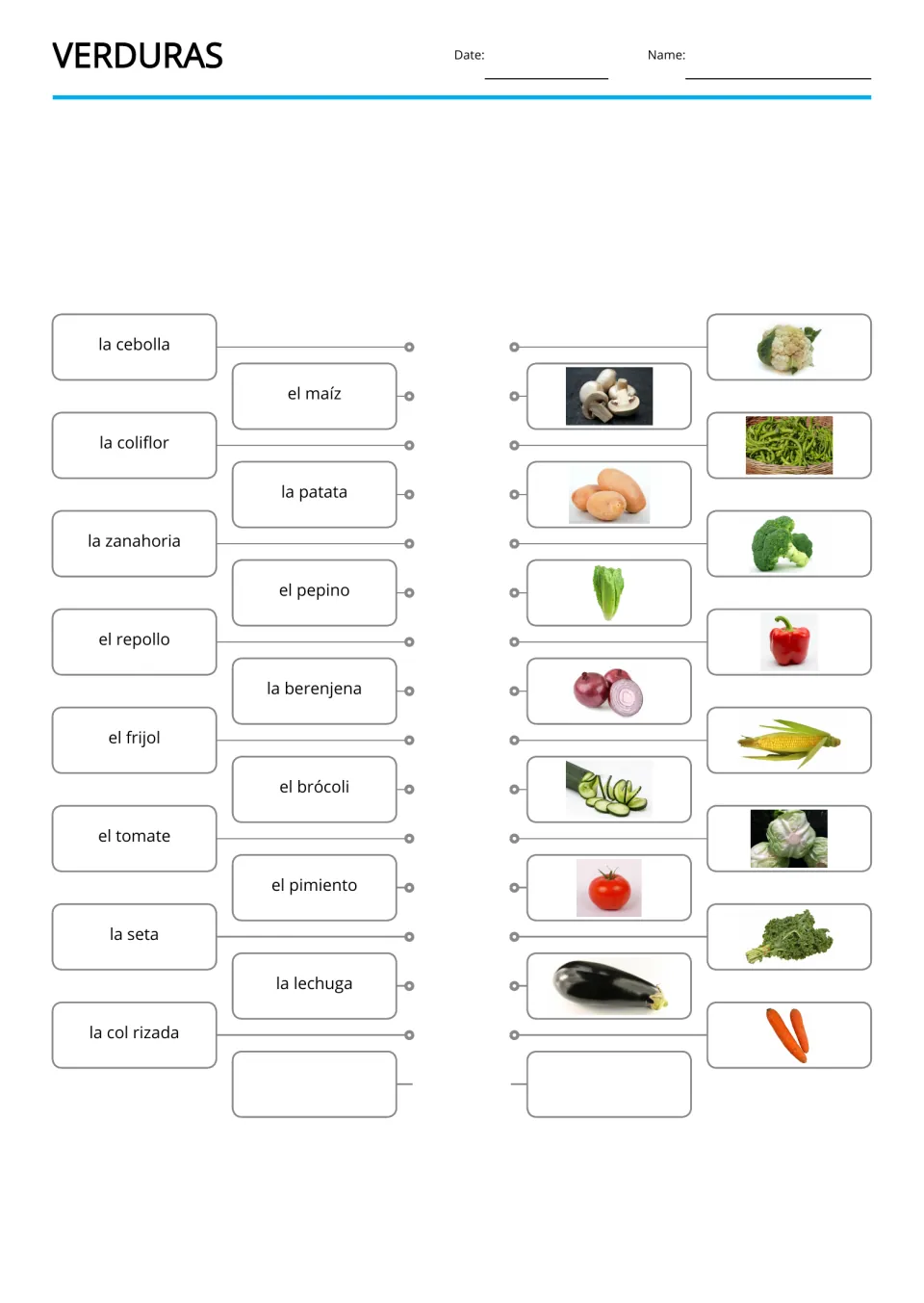 Spanish word-to-picture matching for 15 vegetables, including la patata (potato) and el pepino (cucumber)