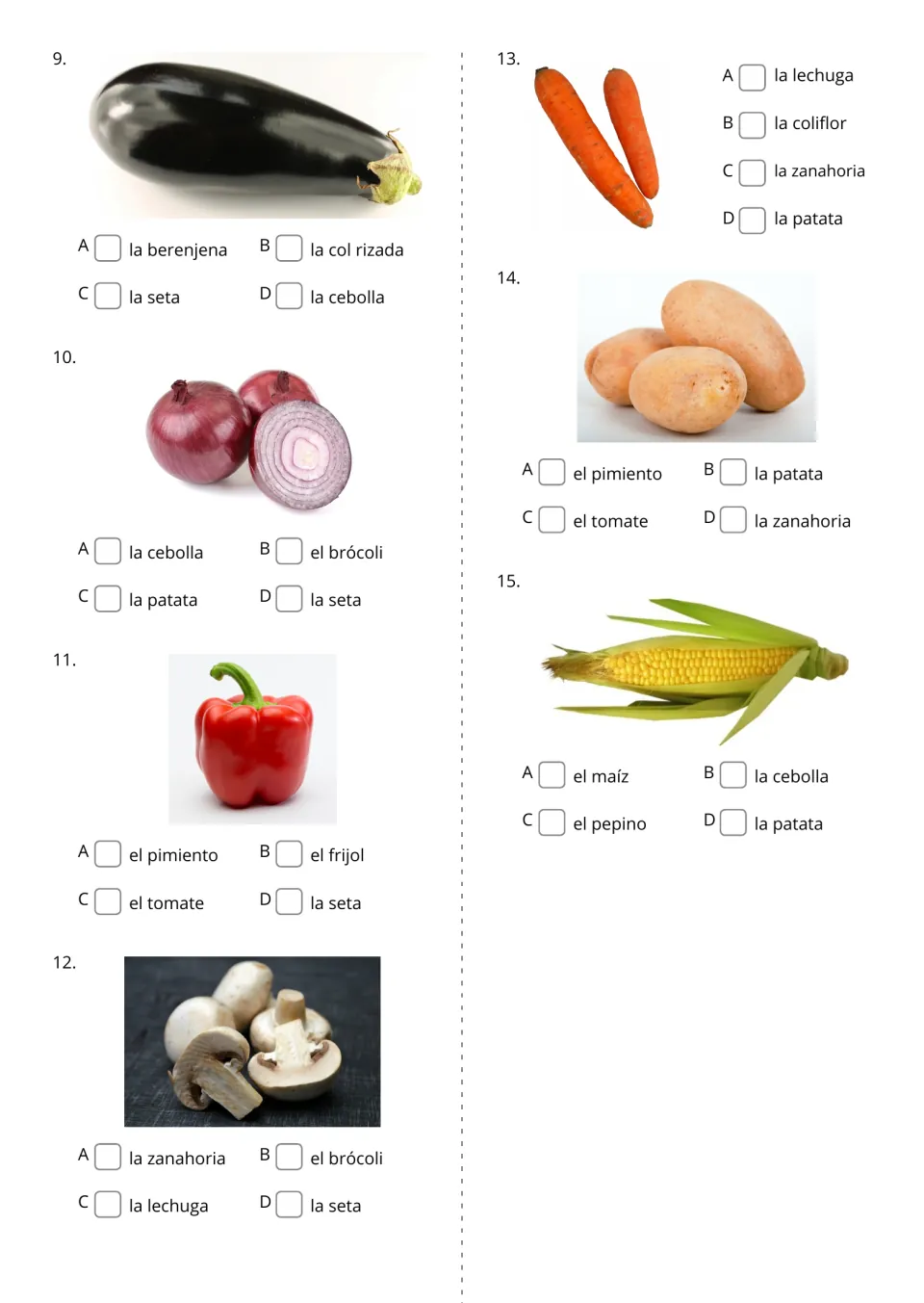 Spanish vegetable photo questions 9–15 offer four word choices each, including la zanahoria (carrot)