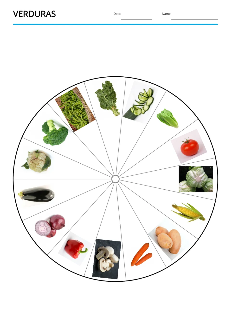 Spanish vegetable vocabulary wheel shows 15 photos, including cabbage, corn, potatoes, and carrots
