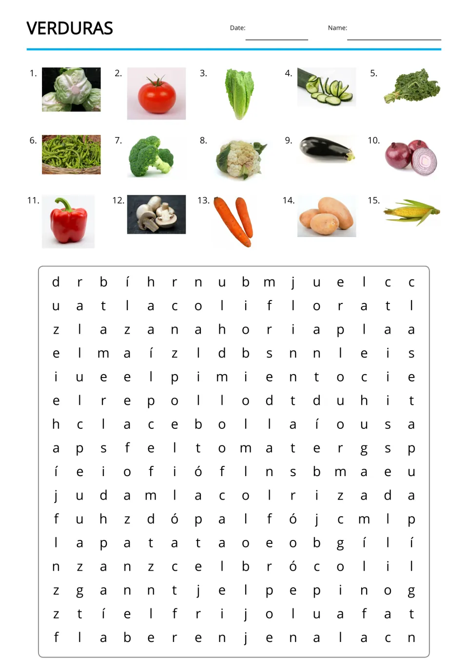 Spanish vegetable word search uses 15 photo clues to find terms including la coliflor (cauliflower)