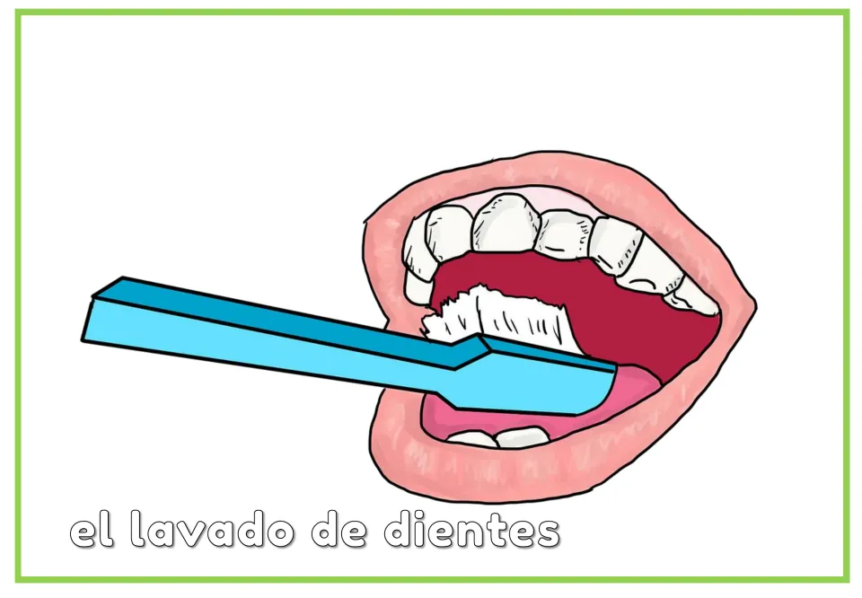 Spanish dental vocabulary flashcard labeled 'el lavado de dientes' (toothbrushing), showing teeth being brushed