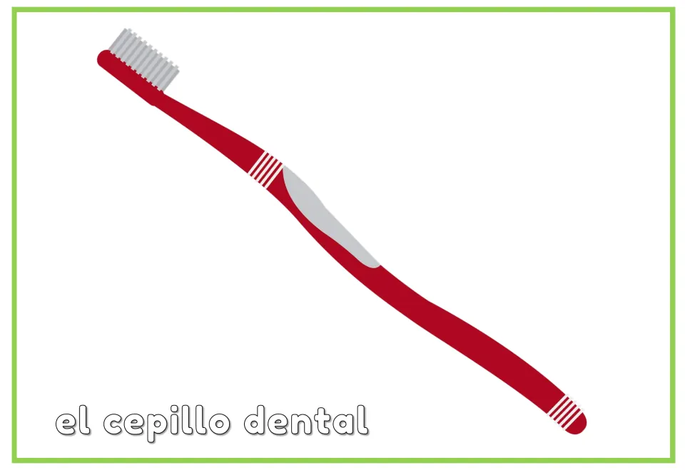 Spanish dental vocabulary flashcard labeled 'el cepillo dental' (toothbrush), showing a red toothbrush