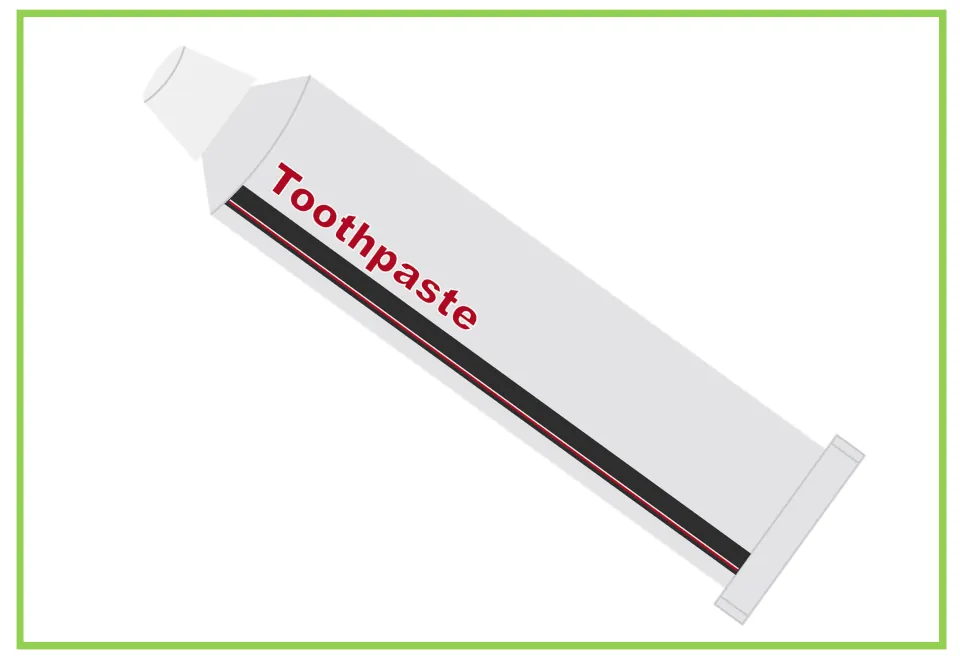 Picture-only Spanish dental vocabulary flashcard showing a tube marked 'Toothpaste' without a Spanish label