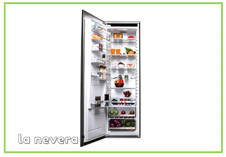 Spanish vocabulary flashcard labeled 'la nevera' (refrigerator), showing an open refrigerator with food