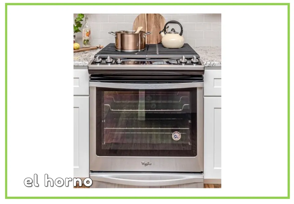 Spanish vocabulary flashcard labeled 'el horno' (oven), showing an oven beneath a pot and kettle